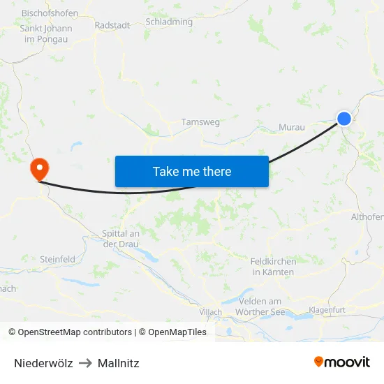 Niederwölz to Mallnitz map