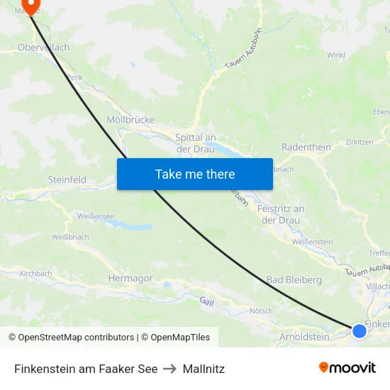 Finkenstein am Faaker See to Mallnitz map