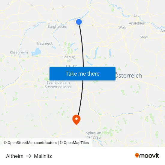 Altheim to Mallnitz map