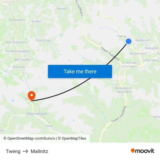 Tweng to Mallnitz map