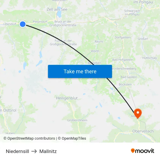 Niedernsill to Mallnitz map