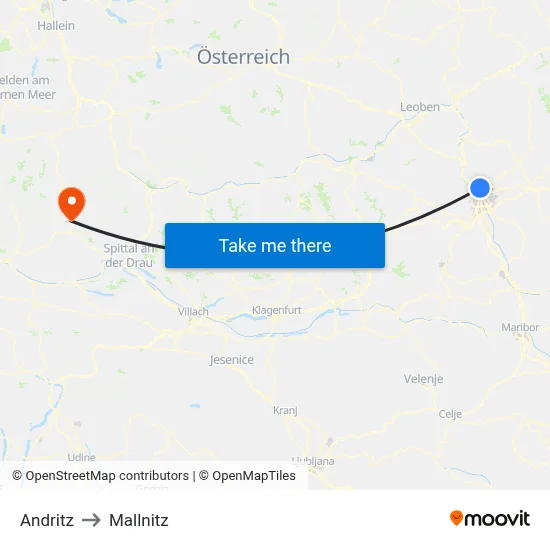 Andritz to Mallnitz map