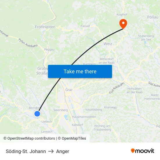 Söding-St. Johann to Anger map