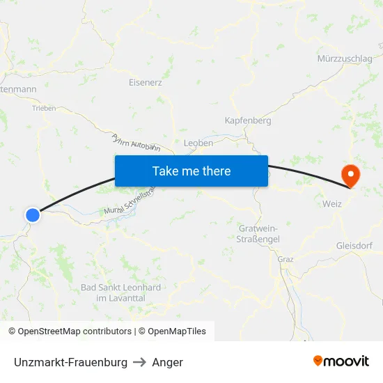 Unzmarkt-Frauenburg to Anger map