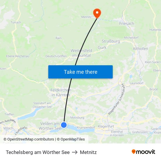 Techelsberg am Wörther See to Metnitz map