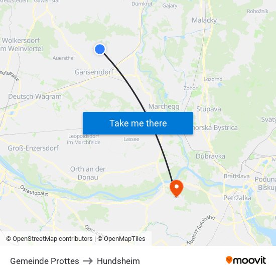 Gemeinde Prottes to Hundsheim map
