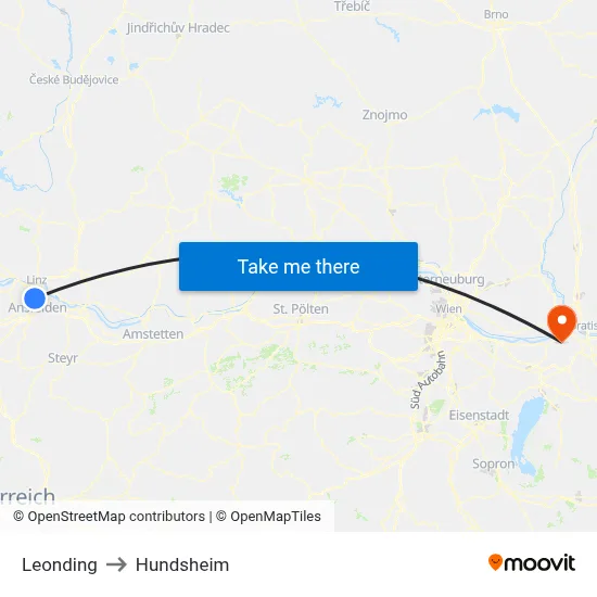 Leonding to Hundsheim map