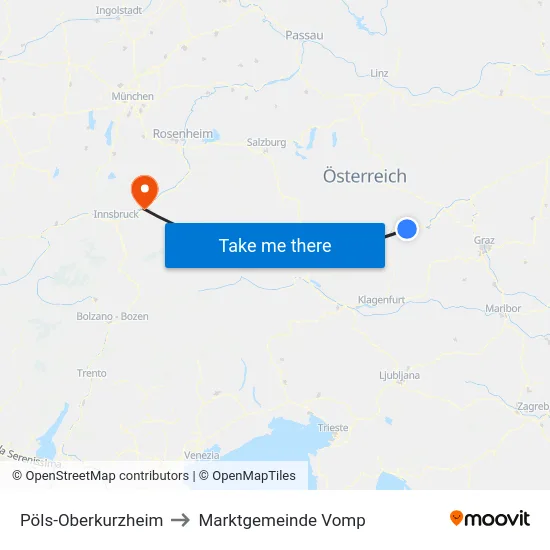 Pöls-Oberkurzheim to Marktgemeinde Vomp map