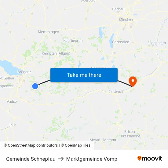 Gemeinde Schnepfau to Marktgemeinde Vomp map