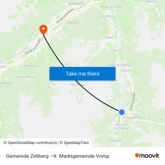Gemeinde Zellberg to Marktgemeinde Vomp map