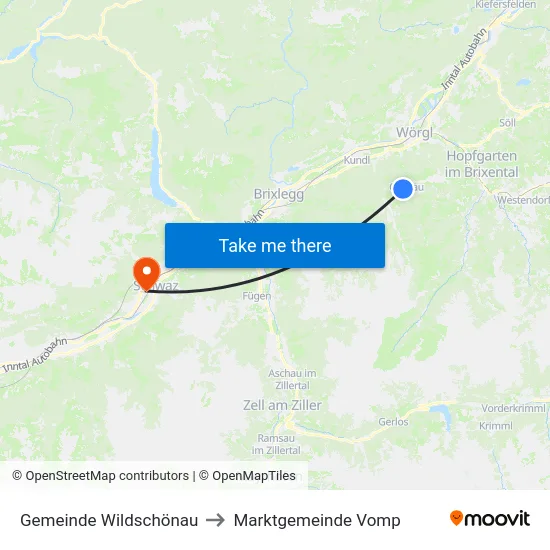 Gemeinde Wildschönau to Marktgemeinde Vomp map