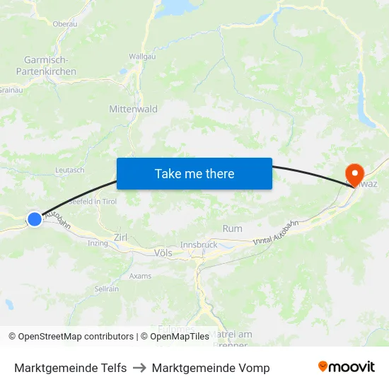 Marktgemeinde Telfs to Marktgemeinde Vomp map