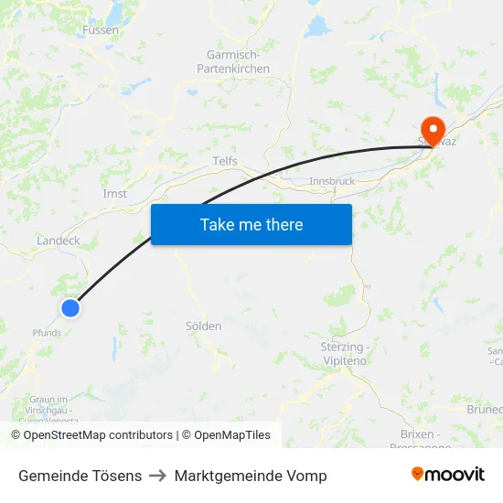 Gemeinde Tösens to Marktgemeinde Vomp map