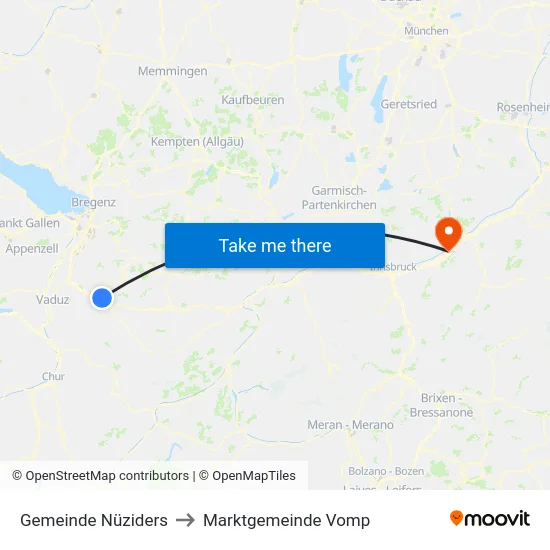 Gemeinde Nüziders to Marktgemeinde Vomp map