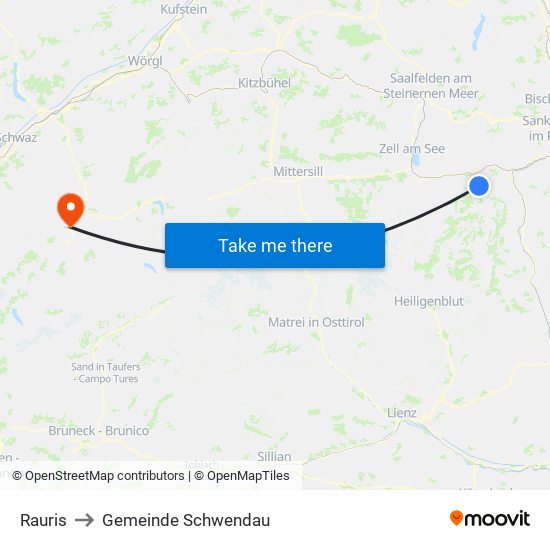 Rauris to Gemeinde Schwendau map
