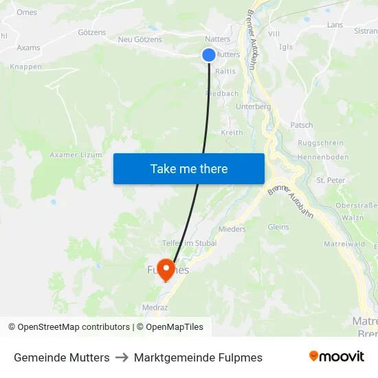 Gemeinde Mutters to Marktgemeinde Fulpmes map
