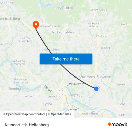Katsdorf to Helfenberg map