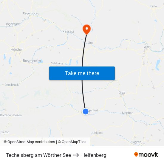 Techelsberg am Wörther See to Helfenberg map