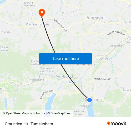 Gmunden to Tumeltsham map
