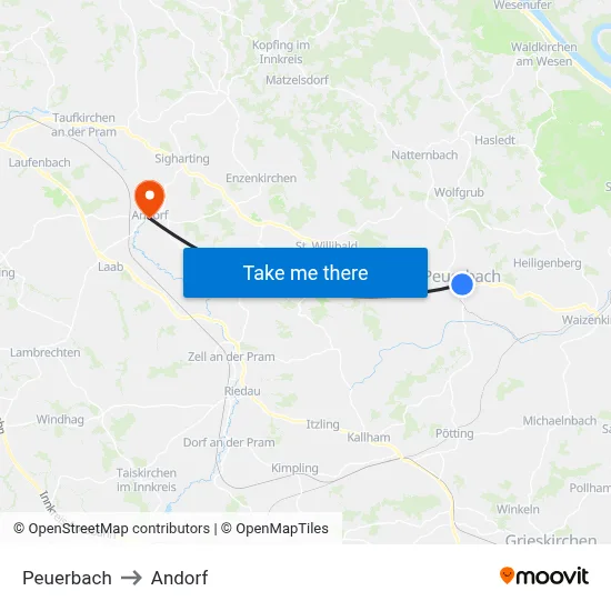 Peuerbach to Andorf map