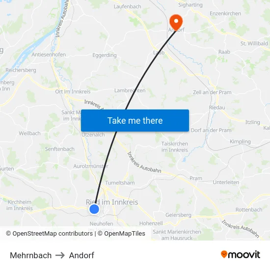 Mehrnbach to Andorf map