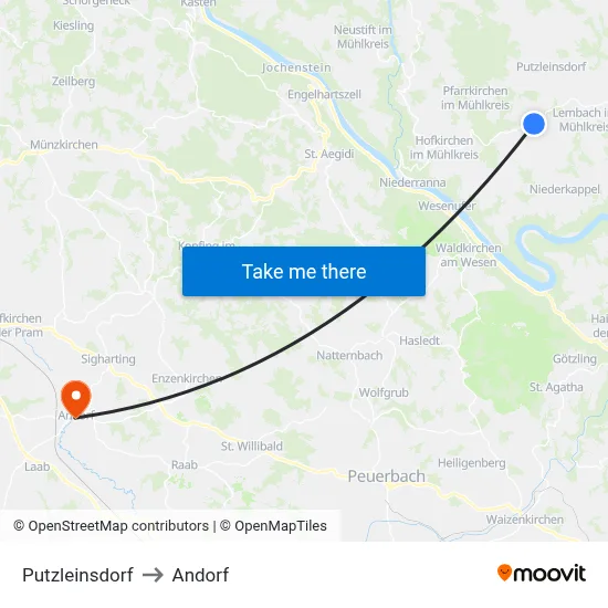 Putzleinsdorf to Andorf map