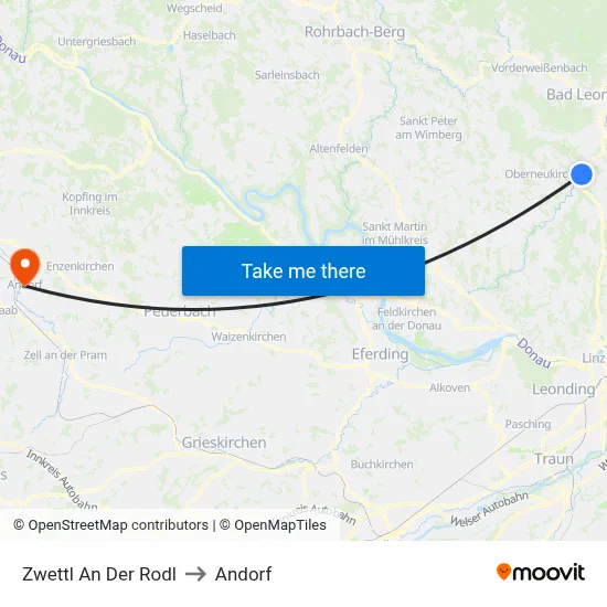 Zwettl An Der Rodl to Andorf map