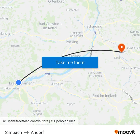 Simbach to Andorf map