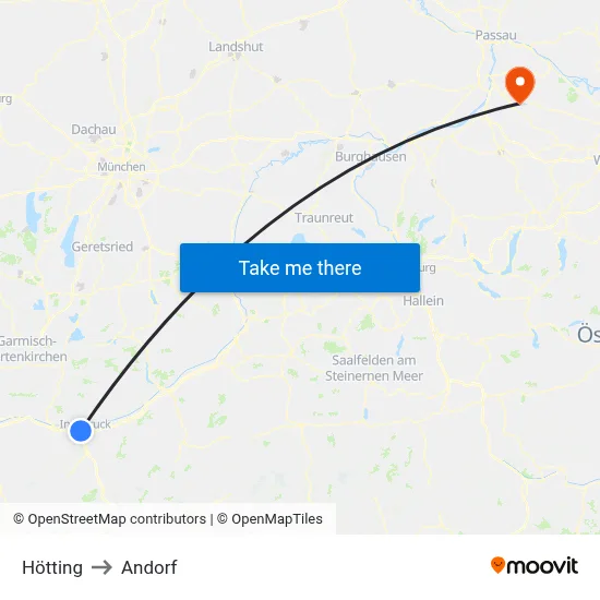 Hötting to Andorf map