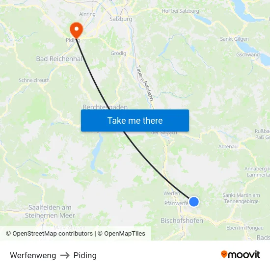 Werfenweng to Piding map