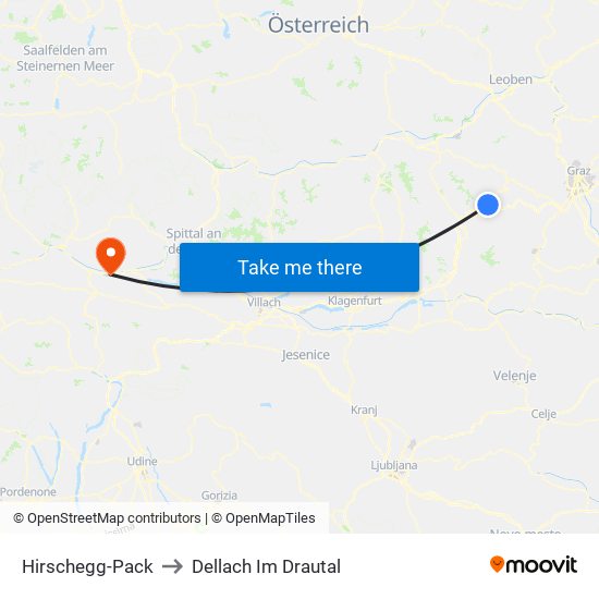 Hirschegg-Pack to Dellach Im Drautal map