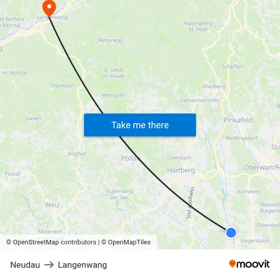Neudau to Langenwang map