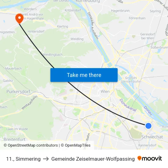 11., Simmering to Gemeinde Zeiselmauer-Wolfpassing map