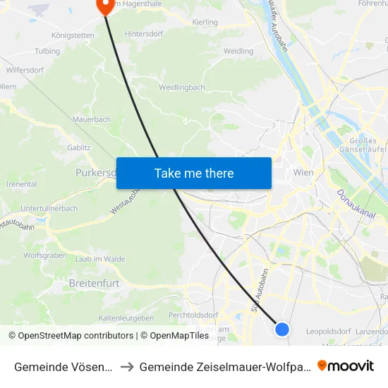 Gemeinde Vösendorf to Gemeinde Zeiselmauer-Wolfpassing map