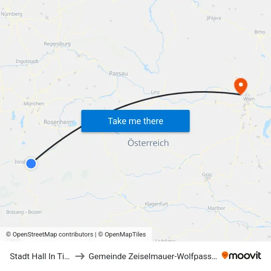 Stadt Hall In Tirol to Gemeinde Zeiselmauer-Wolfpassing map