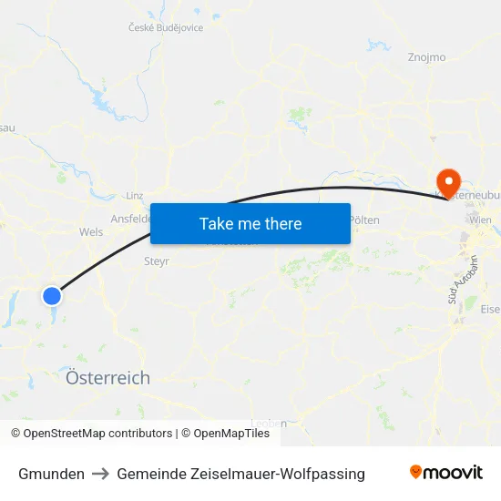 Gmunden to Gemeinde Zeiselmauer-Wolfpassing map