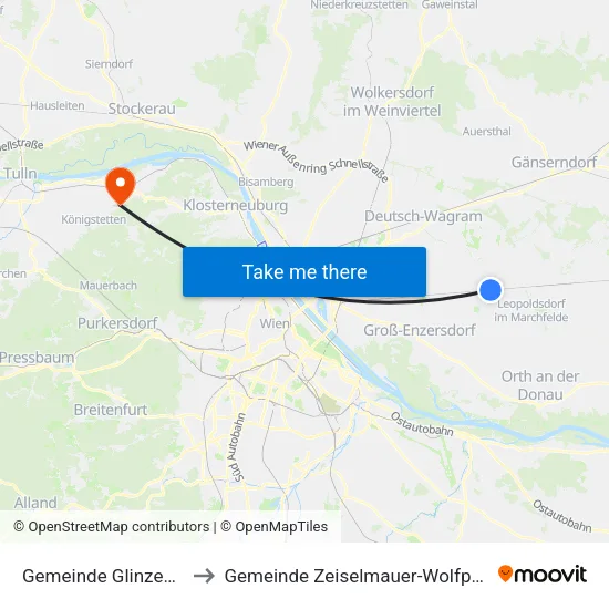 Gemeinde Glinzendorf to Gemeinde Zeiselmauer-Wolfpassing map