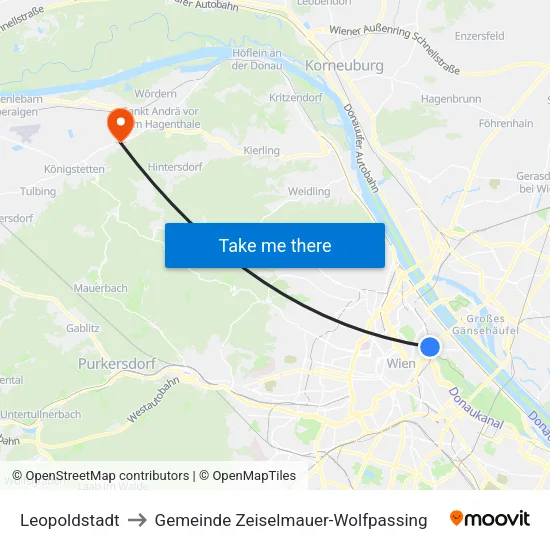 Leopoldstadt to Gemeinde Zeiselmauer-Wolfpassing map