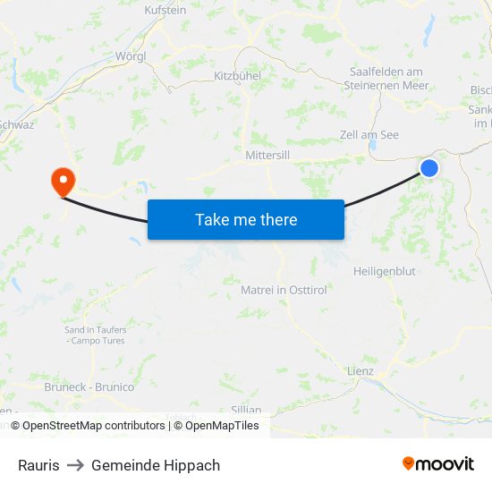 Rauris to Gemeinde Hippach map