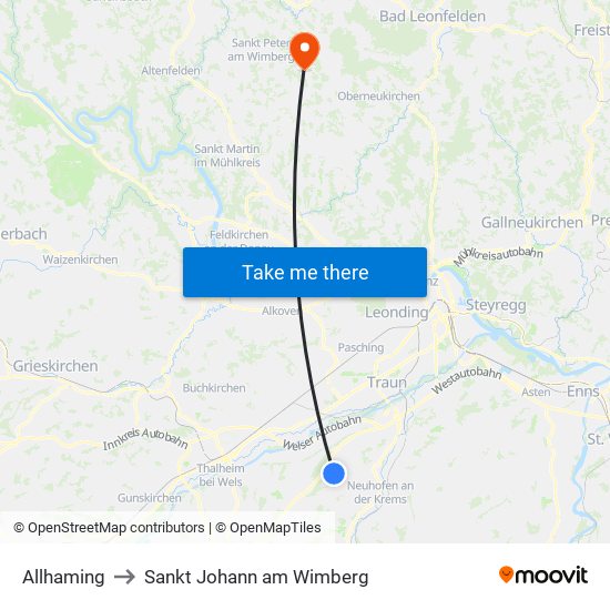 Allhaming to Sankt Johann am Wimberg map