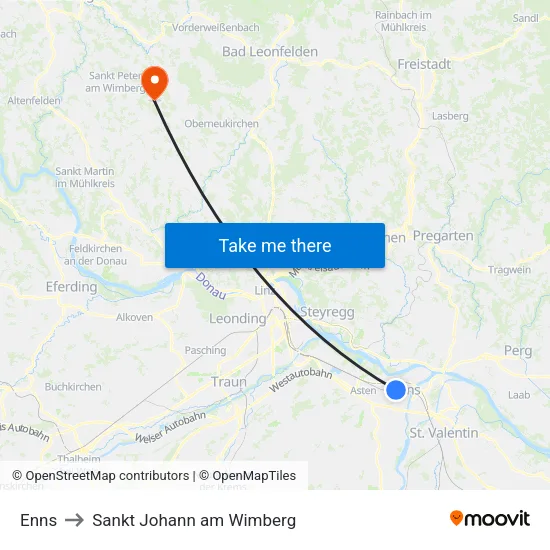 Enns to Sankt Johann am Wimberg map