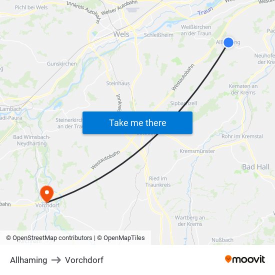 Allhaming to Vorchdorf map