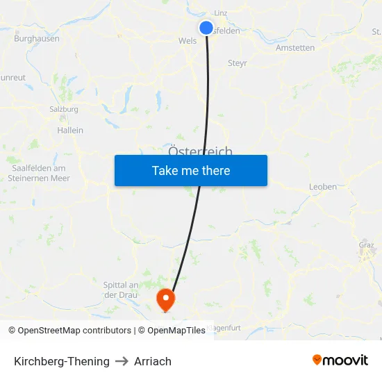 Kirchberg-Thening to Arriach map