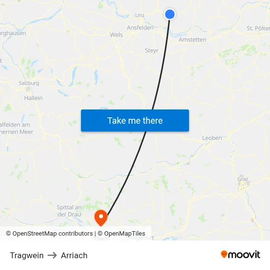 Tragwein to Arriach map