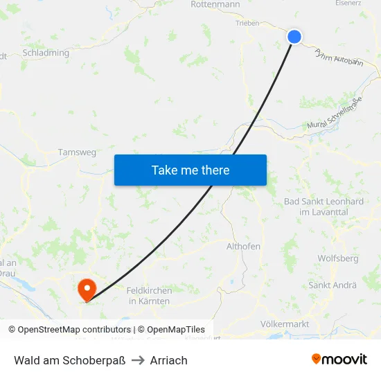 Wald am Schoberpaß to Arriach map