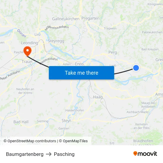 Baumgartenberg to Pasching map