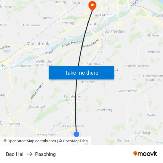 Bad Hall to Pasching map