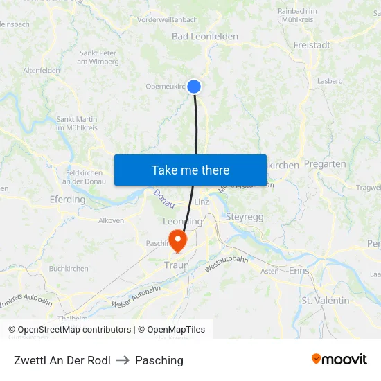 Zwettl An Der Rodl to Pasching map