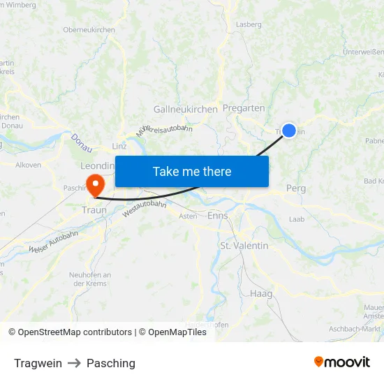 Tragwein to Pasching map