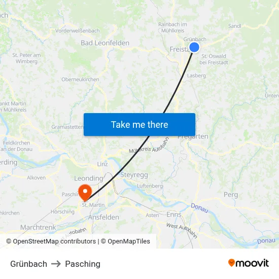 Grünbach to Pasching map